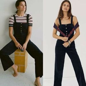 Anthropologie Corduroy Wide Let Jumpsuit Overalls Dark Navy Black Size 0 Buttons